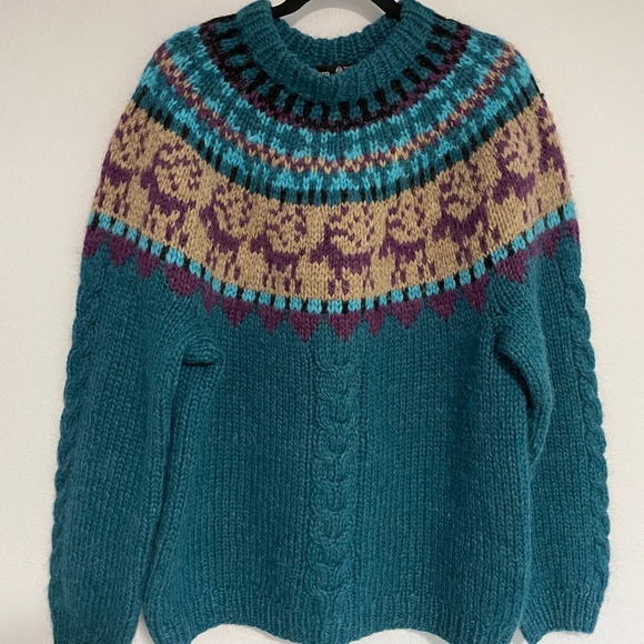 Alva Knit Women’s Icelandic 100% New Wool Fair Isles Sweater Teal - Picture 1 of 3